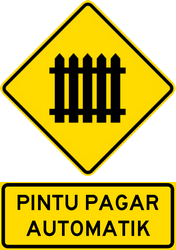 Traffic sign of Malaysia: Warning for a railroad crossing with barriers