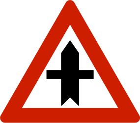 Traffic sign of Norway: Warning for a crossroad side roads on the left and right