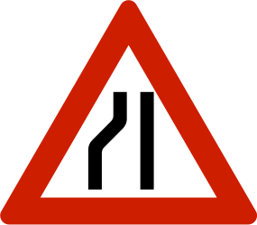 Traffic sign of Norway: Warning for a road narrowing on the left