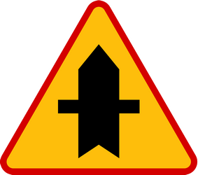 Traffic sign of Poland: Warning for a crossroad side roads on the left and right