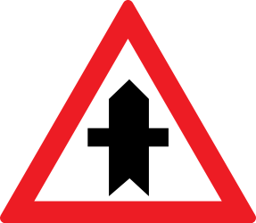 Traffic sign of Romania: Warning for a crossroad side roads on the left and right