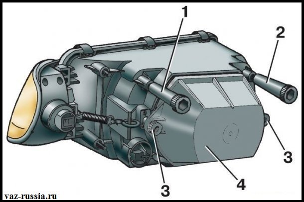 Блок-фара и обратная её сторона с теми самыми регулировочными винтами