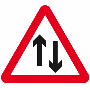 Two-way traffic straight ahead sign
