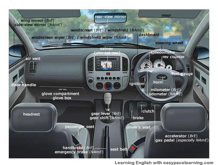 Learning the vocabulary for parts of a car inside 